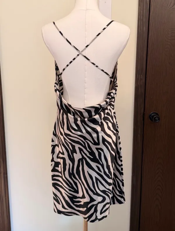H&M zebra print satin mini open back draped slip dress - Image 3