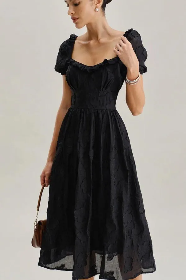 Rihoas Black Square Neck Puffed Sleeve Midi Dress - Image 2
