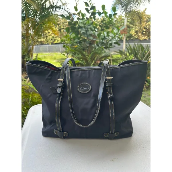 Dooney & Bourke #K0339891 Black Nylon Leather Trim Snap Buttons Pocket Tote Bag - Image 2