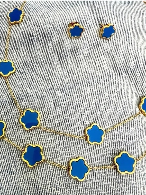 18K Gold Plated stainless steel blue clover necklace Set womens jewelry - Image 3
