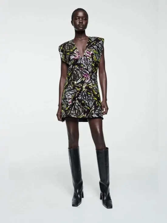 Zara‎ Women's Sleeveless Sequined V Neck Shoulder Pad Mini Dress Size Small - Image 2