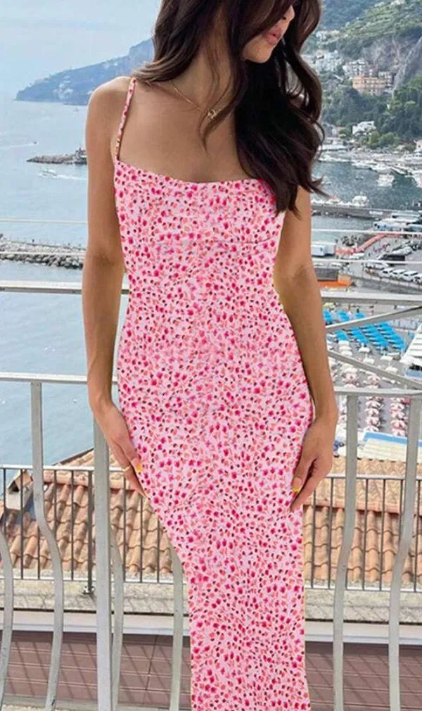 SheIn Pink Ditsy Floral Open Back Mermaid Dress - Image 2