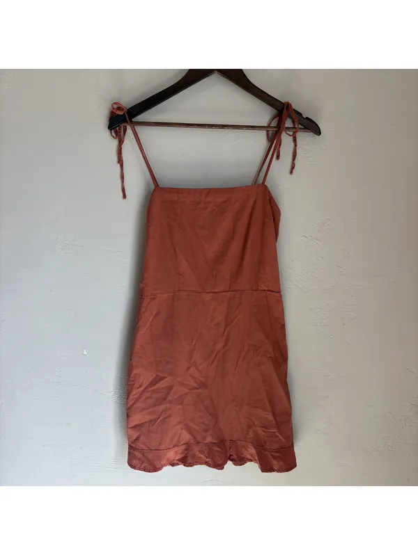 Abercrombie & Fitch Terracotta Rust Orange Tie Shoulder Smocked Mini Dress Small - Image 2