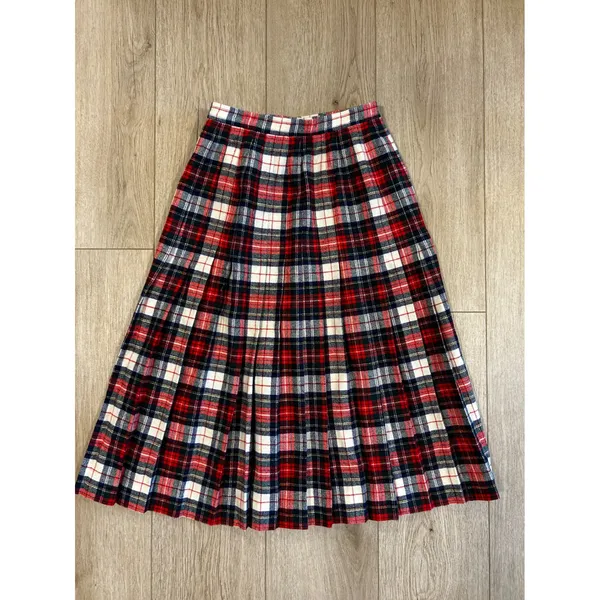 Vintage Young Pendleton Wool Wrap Kilt Skirt Red Navy Plaid Pleated Midi USA 8 - Image 6