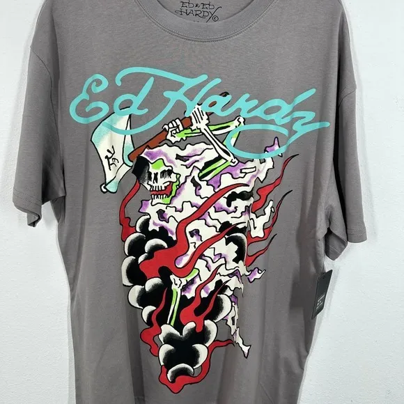 Ed Hardy Skeleton Flames Graphic T Shirt Men's Medium Grey Rock Streetwear‎ NWT - Image 9