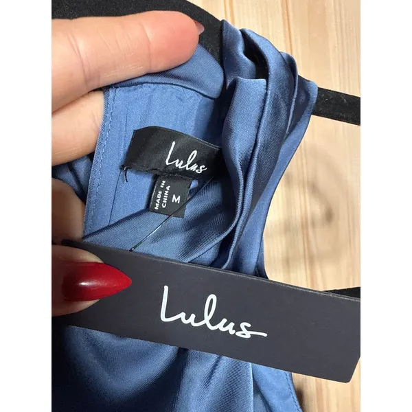 NWT Lulus Distinctive Charm Slate Blue Satin Asymmetrical Midi Dress Wedding M - Image 7