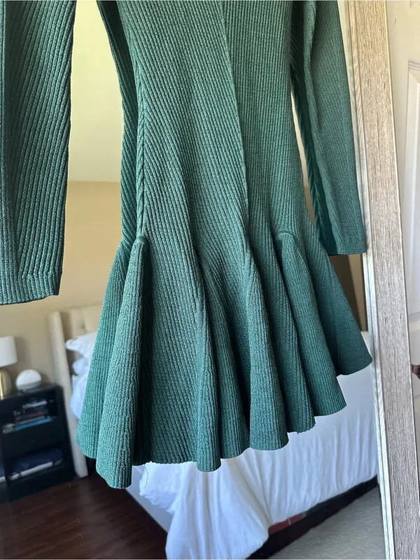 Retrofete Green Knit Sweater Dress Pleated Mock Neck Long Sleeve Short XXS - Image 2