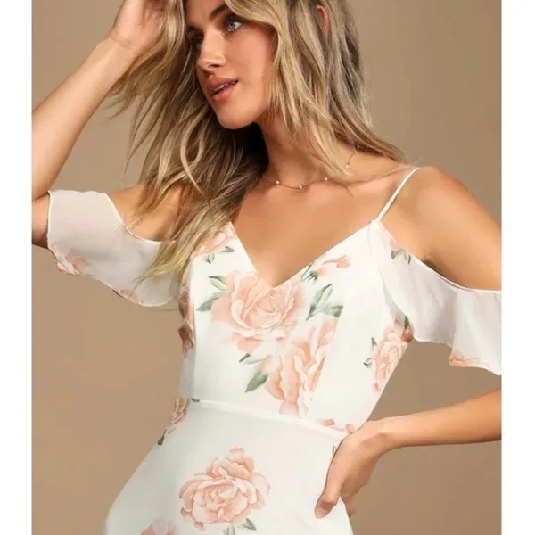 Lulus Take You There Floral Maxi Dress M NWT Ivory Off Shoulder Wedding Guest - Image 4