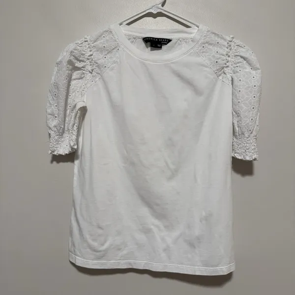 Veronica Beard Marcia White Eyelet Puff Sleeve T-Shirt Size Small - Image 3