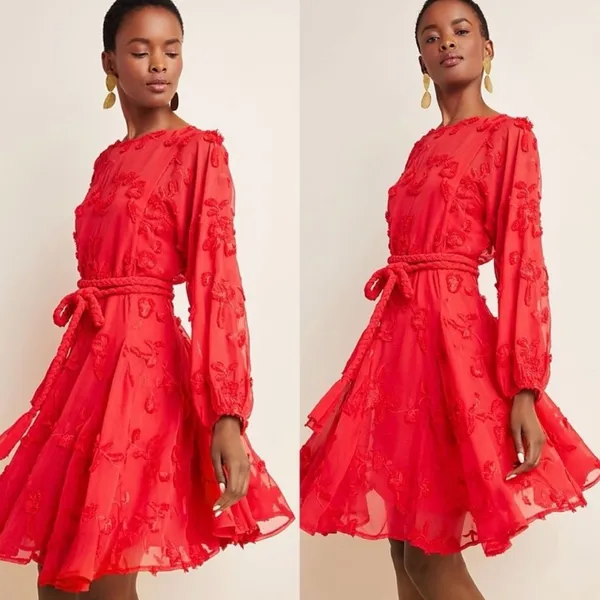 Anthropologie Mare‎ Mare Amal Puff Sleeve Textured Floral Mini Dress Red Size XS - Image 2