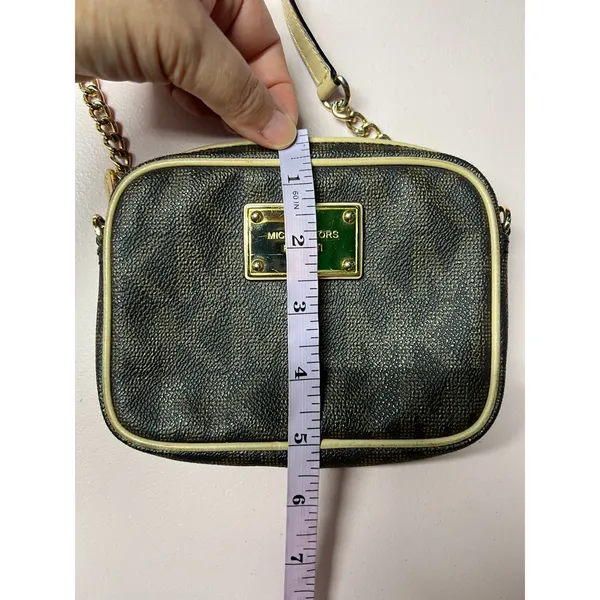 Michael Kors Monogram Small Crossbody Brown Beige Zip Chain Strap Gold Hardware - Image 10
