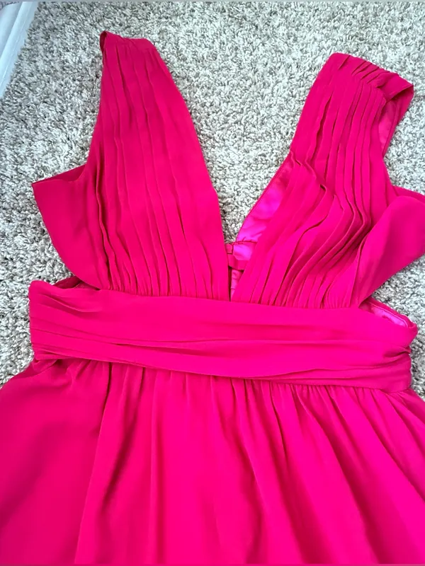 Belle Badges Mischka Bright Pink Formal Dress Plunge V-neck & Back Cut Out Sz10 - Image 5