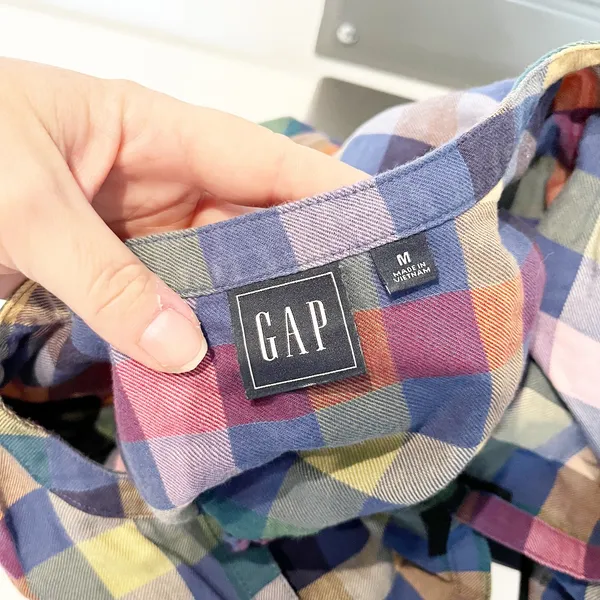GAP Long Sleeve Femme Cotton Pullover Top Plaid Blue Pink Medium - Image 3