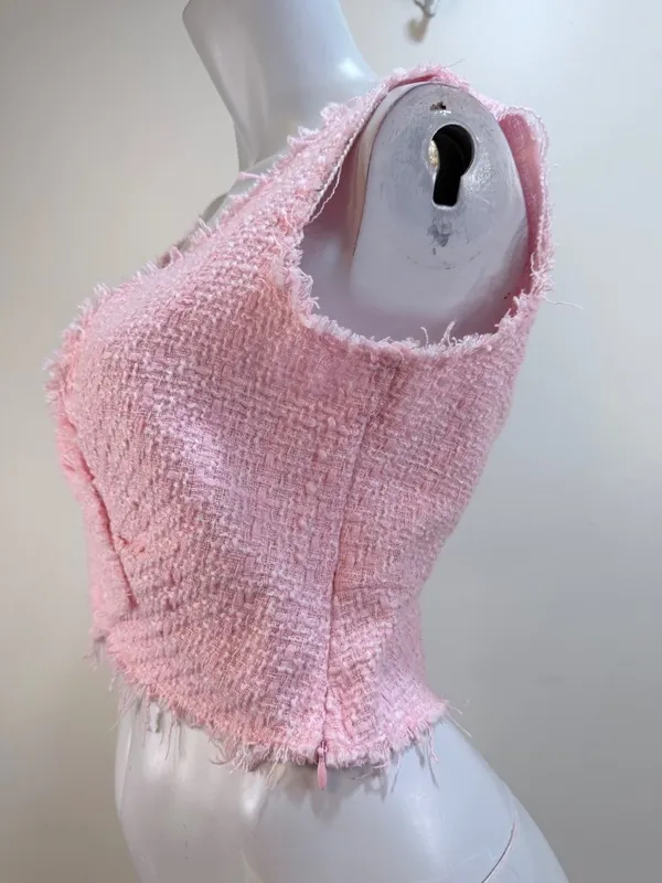 Handmade OOAK Pink Tweed Boucle Fringe Crop Top You Go Girl Back S M Barbiecore - Image 4