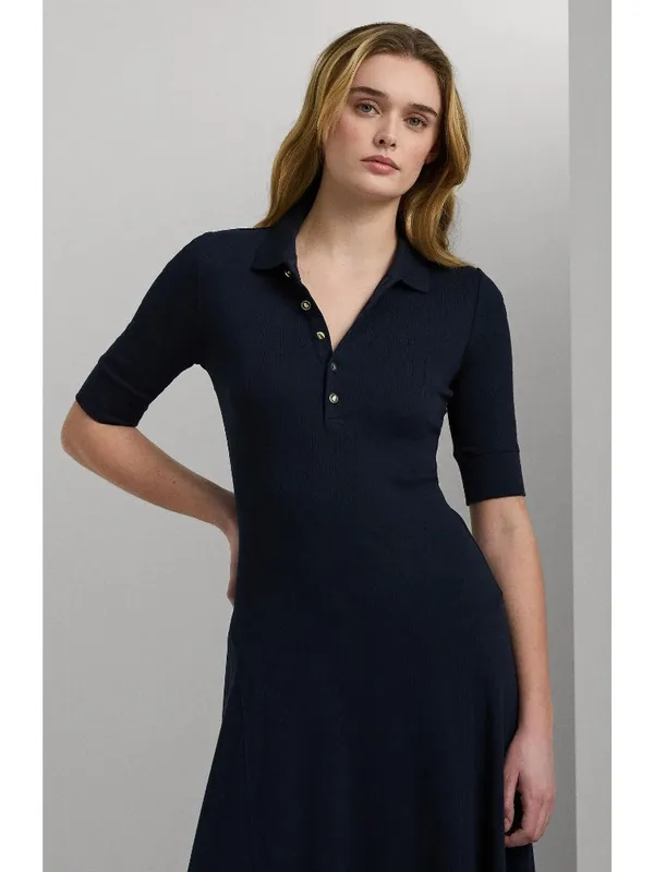 Lauren Ralph Lauren Lillianna Dress in Black Large Womens Midi Knit Ribbed Polo - Image 3
