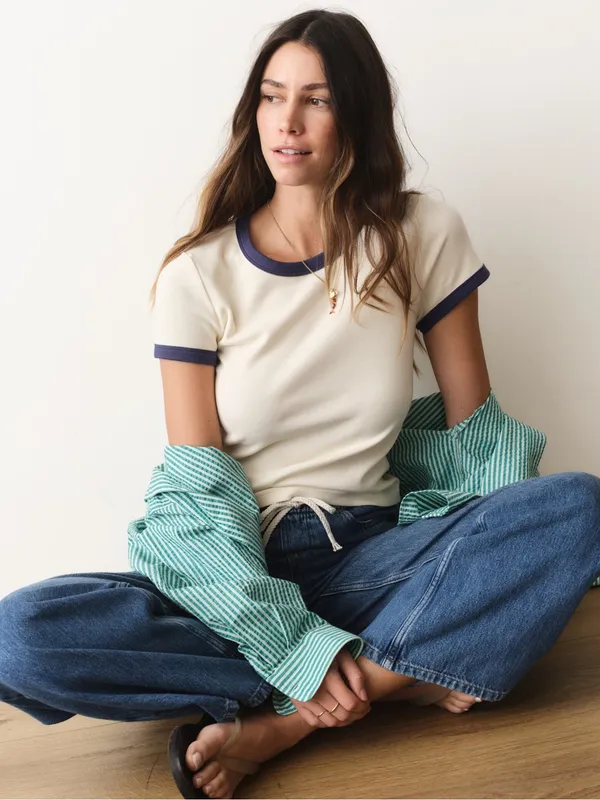 Marine Layer Lexi Rib Ringer Tee Cream & Bay Blue Size Large - Image 2