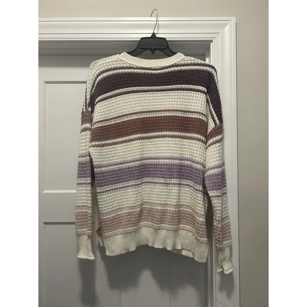 Purple Multi Striped Sweater Waffle Knit Top Size Small Crew Neck Drop Shoulder - Image 4