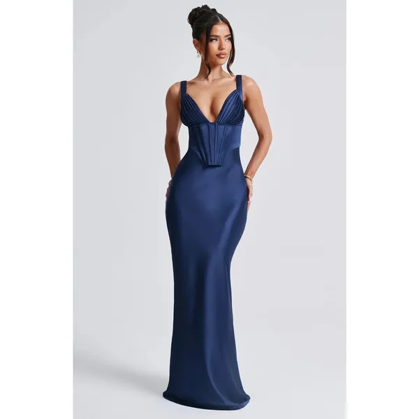 NWT Babyboo Shae Navy Blue Satin Corset Lace Up Back Maxi Dress Womens Size XS - Image 4