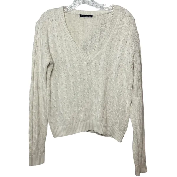 Brandy Melville Cream Cable Knit V-Neck Sweater Soft Cozy Classic Knitwear Baisc - Image 2