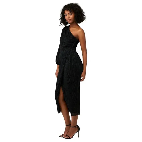 Saylor Alora Dress in Black Metallic Womens Plisse One Shoulder Midi - Image 4