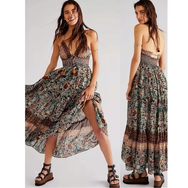 Free People Bohemian Gypsy Beachy Real Love Maxi Dress Twilight Combo Size Large - Image 4