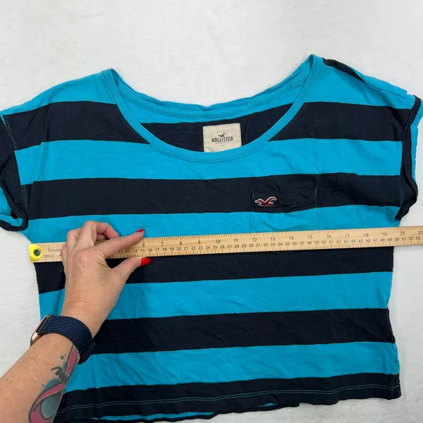 Y2K Hollister L Crop Top Striped Pocket Logo Blue Navy Short Sleeve Scoop Neck - Image 8
