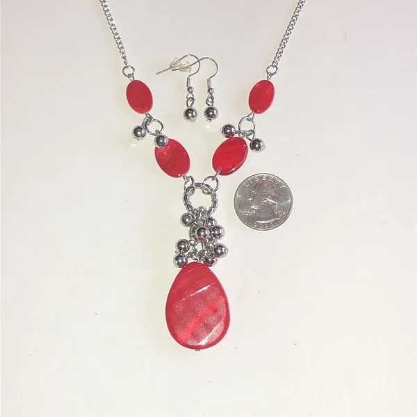 Silver Tone Red Teardrop Pendant Necklace and Earring Set - Image 4