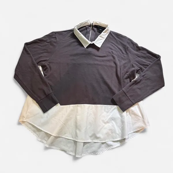 French Connection Grey and White Collared Blouse Top with Zipper Back (Size S) - Image 7