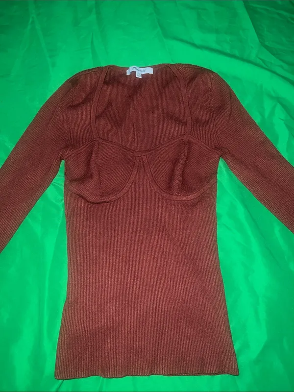 Madewell Brown Ribbed Scoop-Neck Long Sleeve Sweater size XS - Image 3