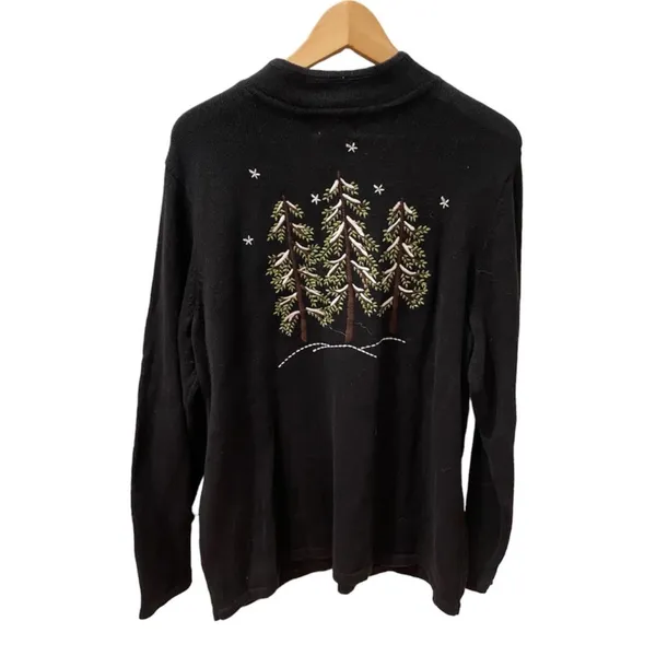 Vintage Christmas Sweater Cardigan Zip Trees 1X Embroidered Black Green - Image 6