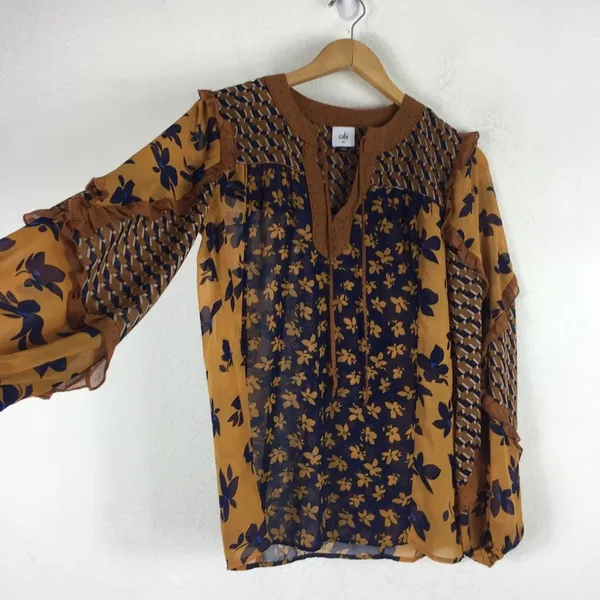 Cabi Harmony Gold Navy Ruffle Floral Peasant Semi Sheer Blouse Top XS - Image 12