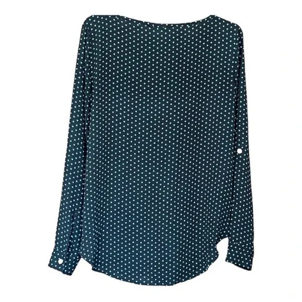 LOFT Blouse Women XS Navy Blue‎ Teal Polka Dot Roll Tab Sleeve Pocket Scoop Neck - Image 4