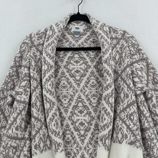 Old Navy Long Cardigan Women L Taupe Cream Geometric Waterfall Open Front Boho - Image 3
