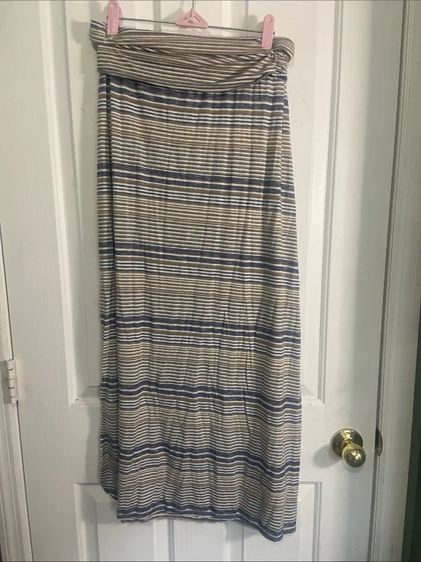 Max Edition Beige and Blue Striped Fold-Over Waist Maxi Skirt - Image 4