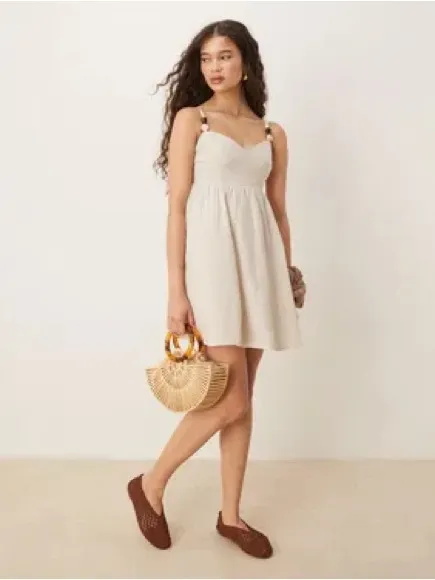 Abercrombie linen romper mini dress skort beaded adjustable babydoll sweetheart - Image 7
