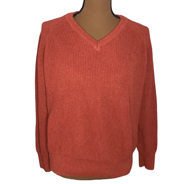 Paul James cotton ribbed v-neck sweater in rust hue size S - Image 2