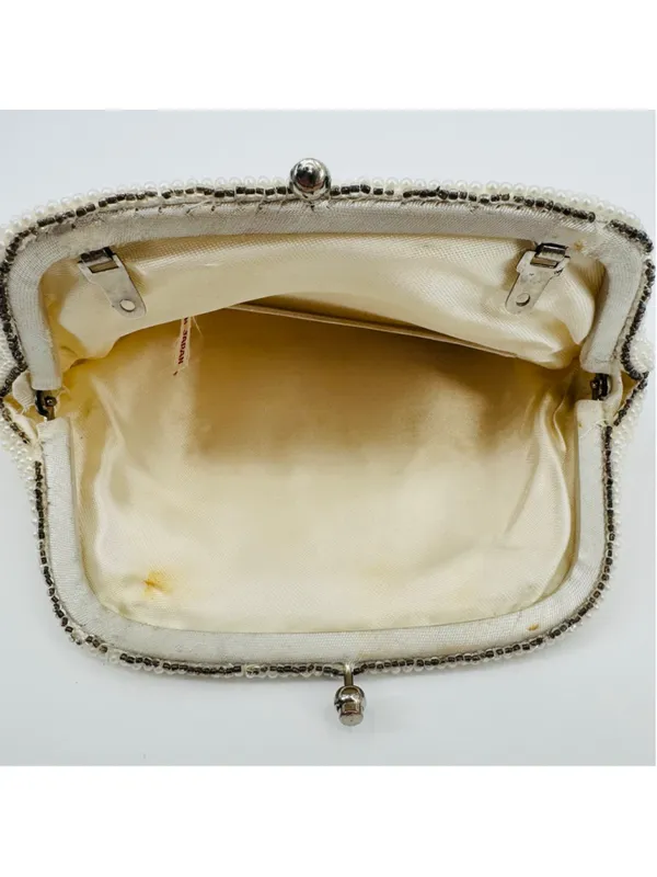 Vintage Beaded Pearl Kisslock Clutch Off-White Silver - Image 5