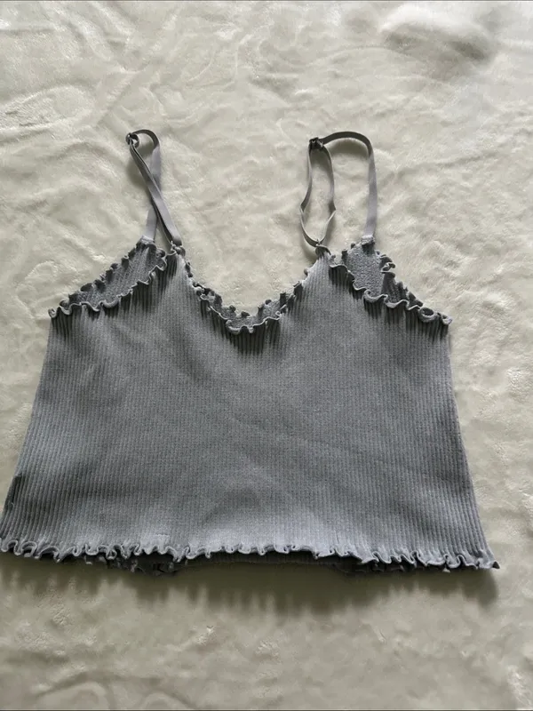 aerie Light Gray Ribbed Ruffle-Edge Cami - Image 2