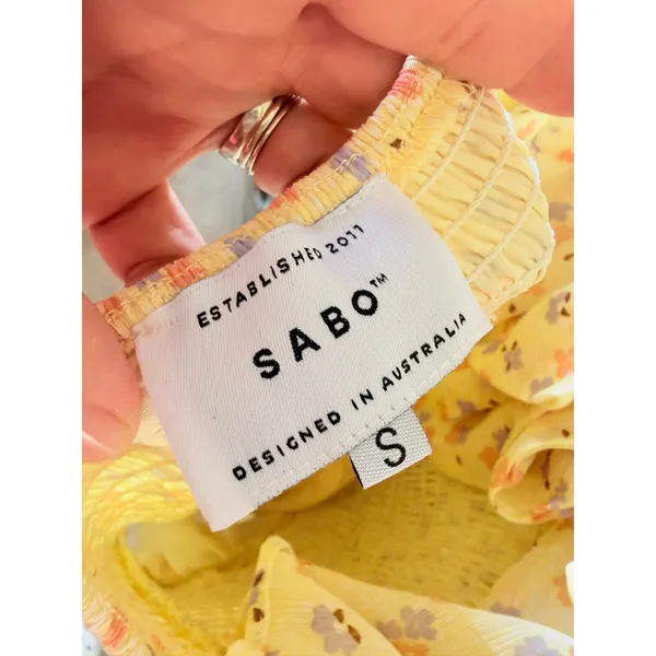 Sabo Skirt Floral Mini Dress Womens Yellow Small Smocked Ruffle Open Back - Image 4