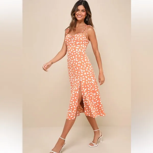 Lulus Party In Paris Light Orange Print Tie-strap Midi Dress - Size XS - Image 2