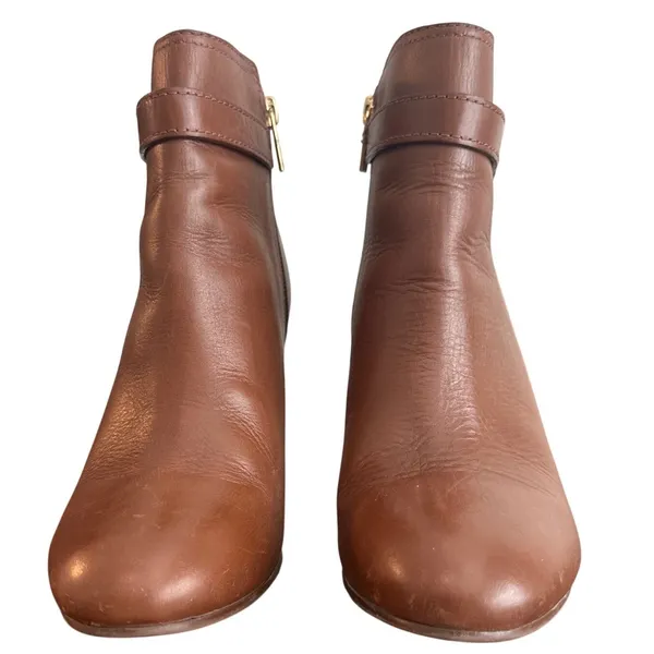 Tory Burch Cognac Leather Logo Strap Ankle Booties Stiletto Heel Size 8 - Image 3