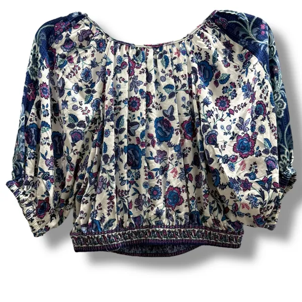 Joie Folk Song Cropped Off Shoulder‎ Floral Top Peasant Boho Purple Blue White S - Image 4