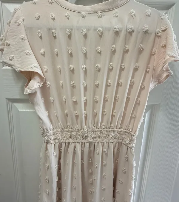 MEROKEETY Swiss Dot Maxi Dress Size M Pink Ruffle Flutter Sleeve V-Neck - Image 5