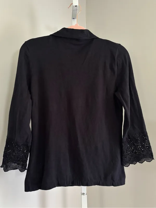 Ann Taylor Silk Blend Mixed Media Black Embroidered & Knit Button-Front Top Sz M - Image 3