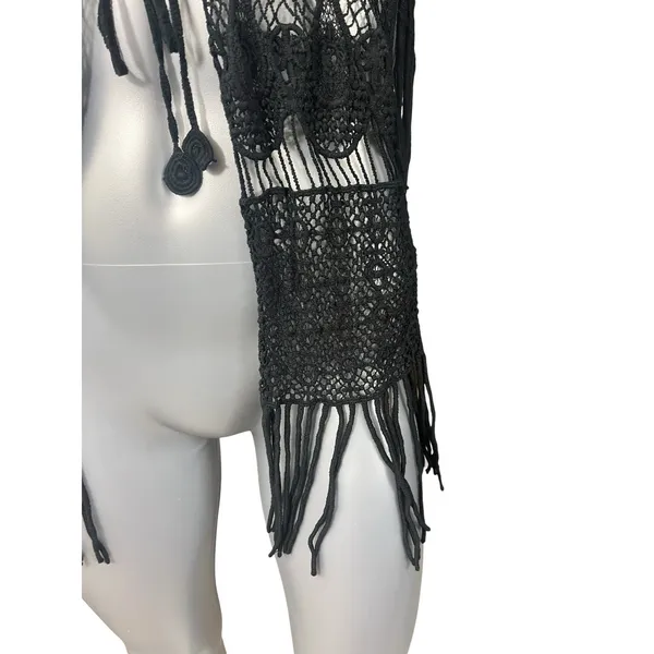 Black Crochet Fringe Vest Boho Chic Fairycore Knit Festival Tassels Badass Small - Image 5