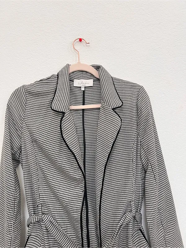 L'Academie Black White Houndstooth Long Trench Coat Women's Small Belted - Image 4
