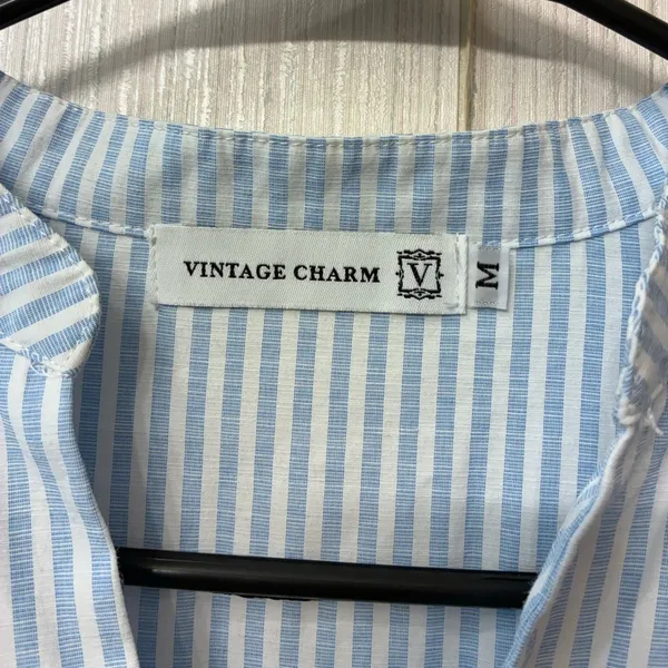 Chic Vintage Charm Cottagecore Pinstripe‎ Tiered Tie-Waist Midi Dress M - Image 7