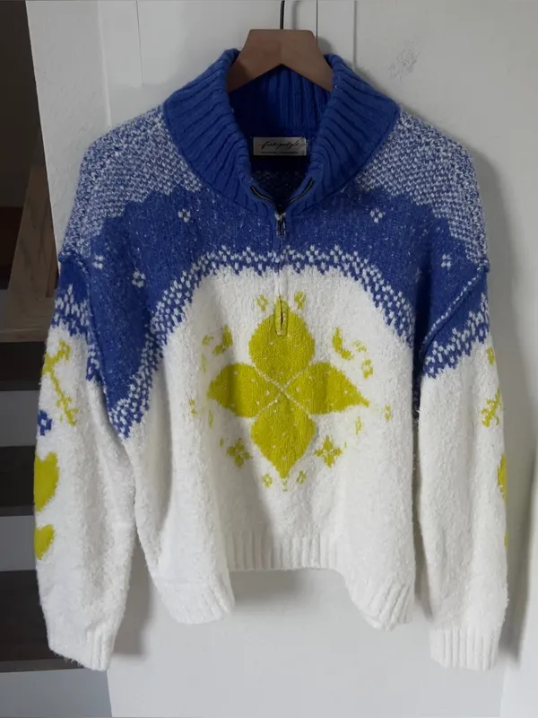 Free People Mythical Knit Sweater Printed Hearts Zip Blue Yellow Combo - Image 4