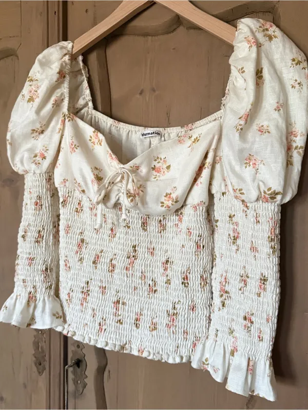 Reformation Linen Floral Smocked Puff Sleeve Top Cream Sweetheart Neck - Image 2