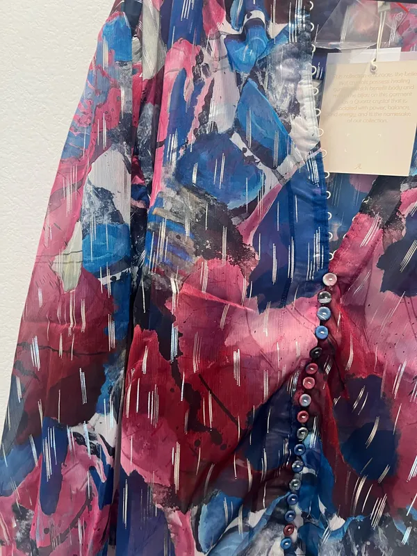 Sheer Printed Button-Front Blouse - Pink & Blue by Adrienne Landau Size L - Image 3